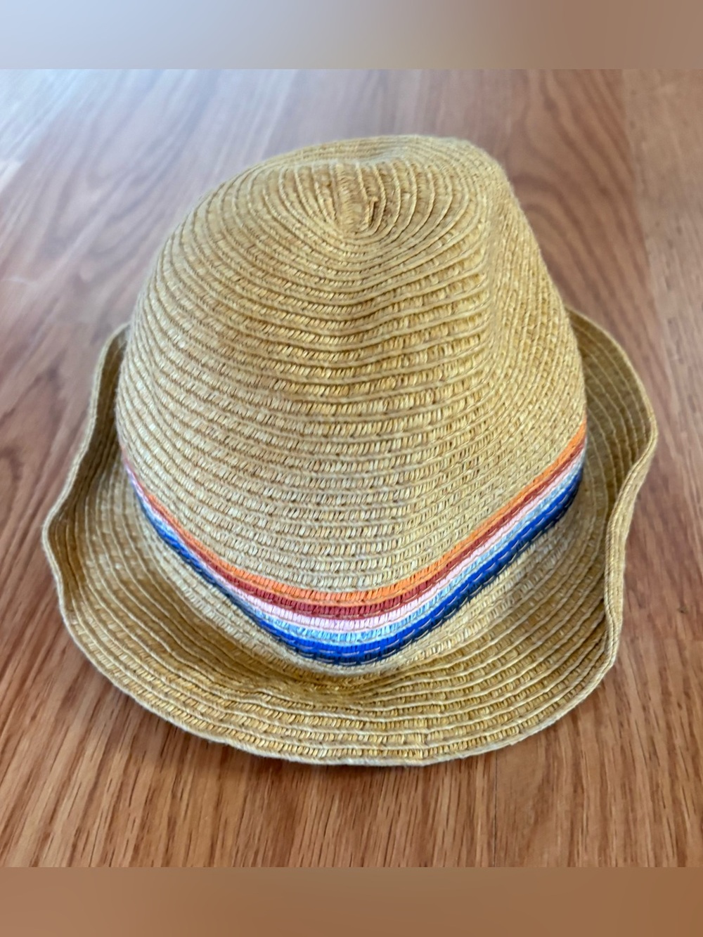 Kids Straw Fedora Hat with Colorful Stripe Trim - Yellow